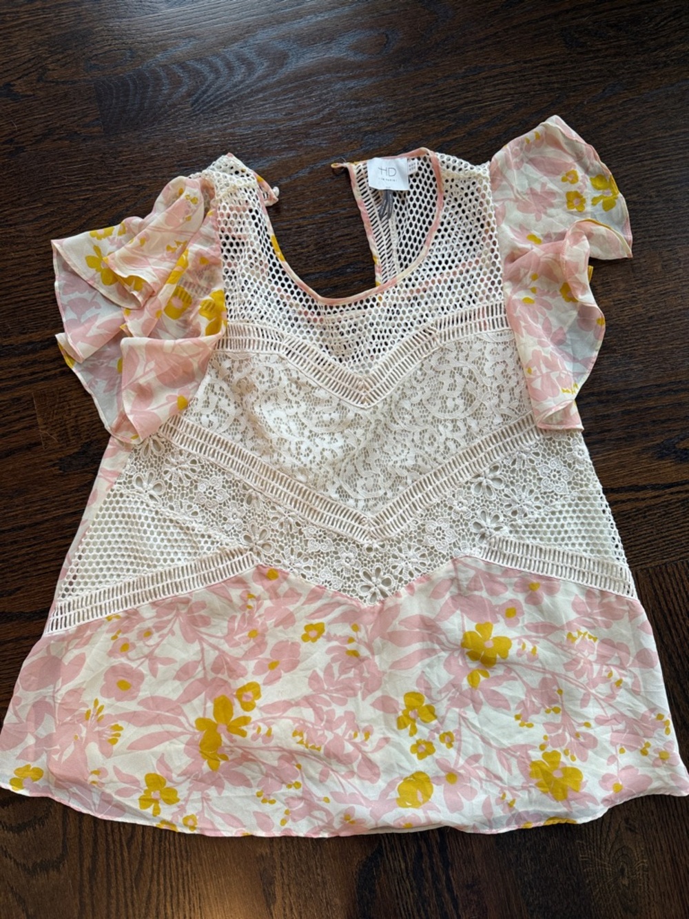 HD in Paris Pink and Yellow Floral Lace Crochet Flutter Sleeve Top